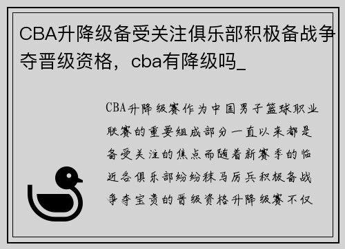 CBA升降级备受关注俱乐部积极备战争夺晋级资格，cba有降级吗_
